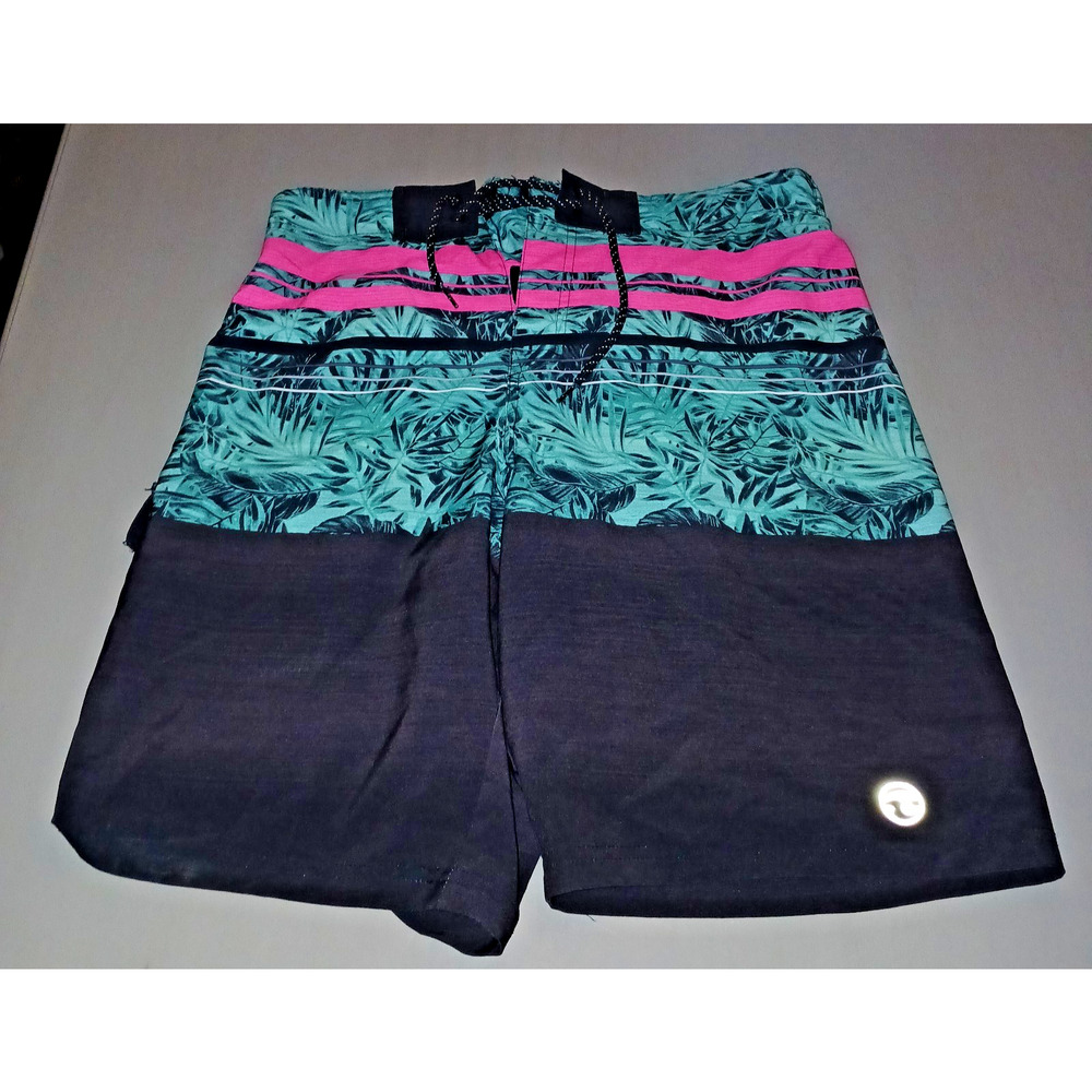 Mens Lined Board Swim Shorts Med Black Tropical Fly Cargo Pocket Lace Up Beach